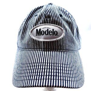 Cerveza Modelo Blue & White Pinstripe Buckle Faux Suede Strapback Mens Dad Hat